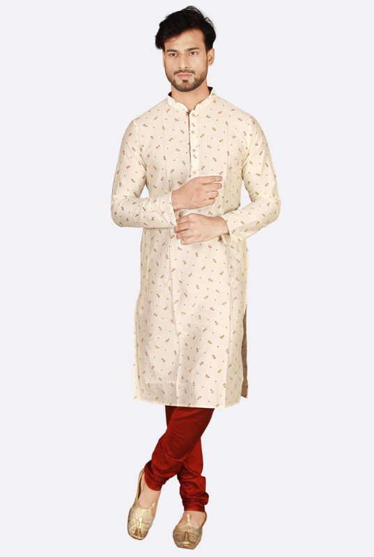 Men Printed Cotton Silk Straight Kurta  (White)
