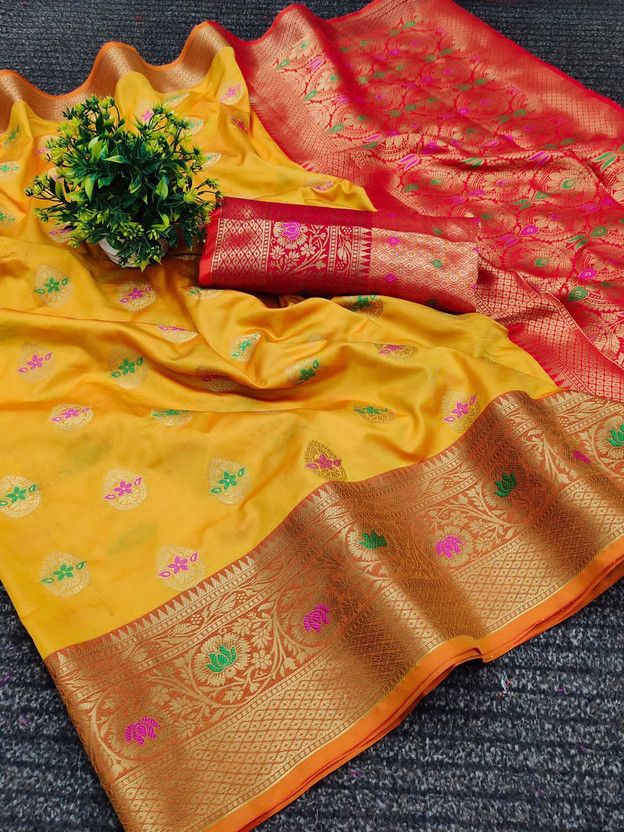 Printed Kanjivaram Silk Blend, Jacquard Saree  (Yellow)