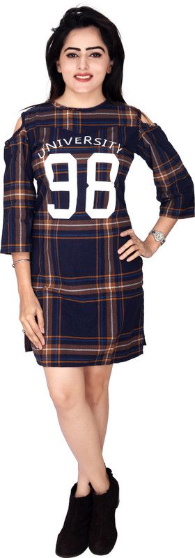 Casual Cold Shoulder Sleeves Checkered Women Blue Top