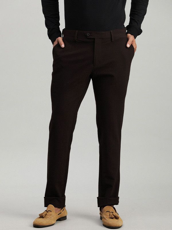 Men Tapered Maroon Cotton Blend Trousers