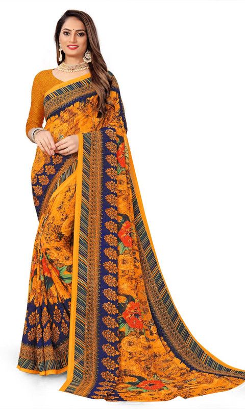 Striped, Graphic Print, Floral Print, Solid/Plain Bollywood Georgette Saree  (Yellow)