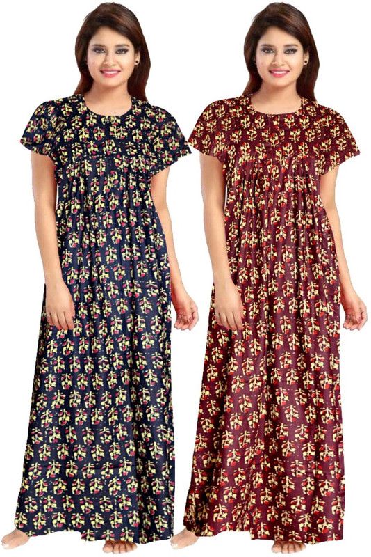 Pack of 2 Women Maternity/Nursing Nighty  (Blue, Brown)