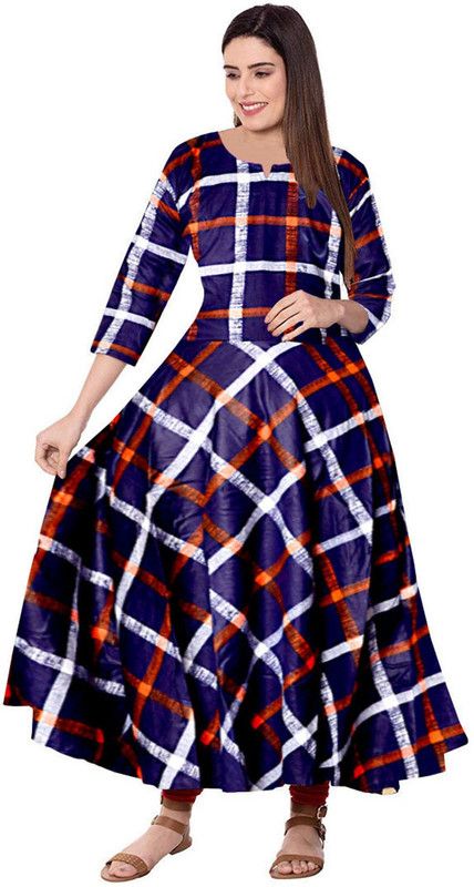 Printed Rayon Blend Stitched Flared/A-line Gown  (Blue, Orange)