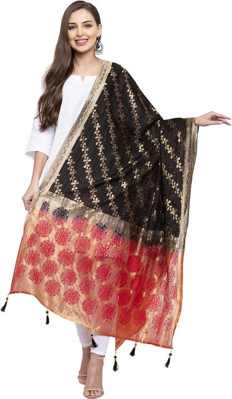 Net, Jacquard Woven Red, Black Women Dupatta