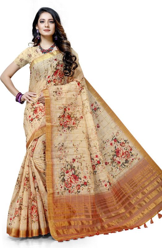 Floral Print Bollywood Linen Saree  (Yellow)