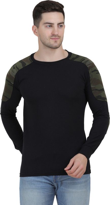 Military/Army Style Solid T-shirt for men Men Military Camouflage, Solid Round Neck Cotton Blend Black T-Shirt