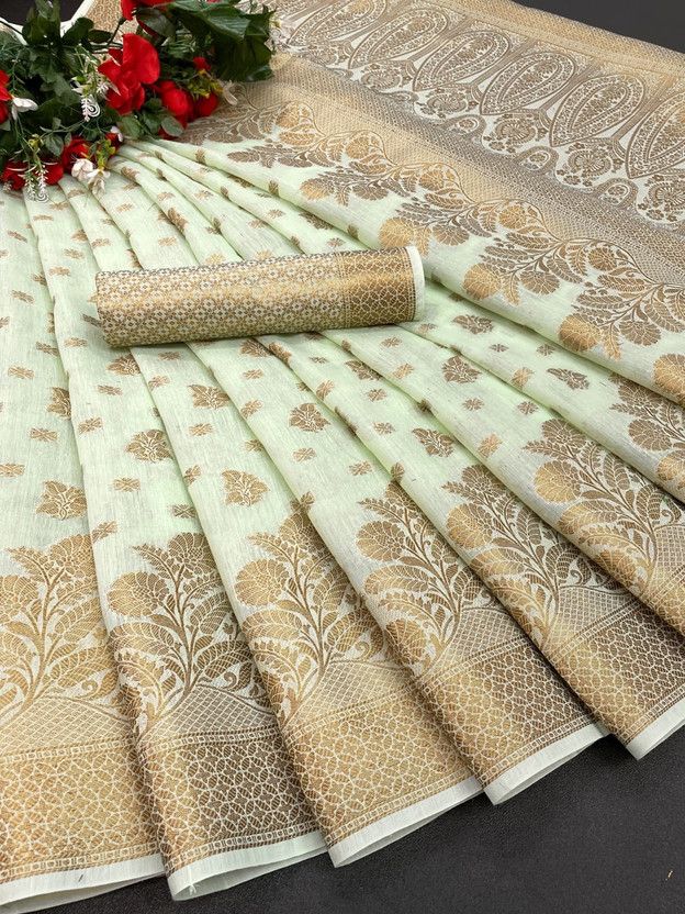 Woven Bhagalpuri Cotton Silk Saree  (Cream)