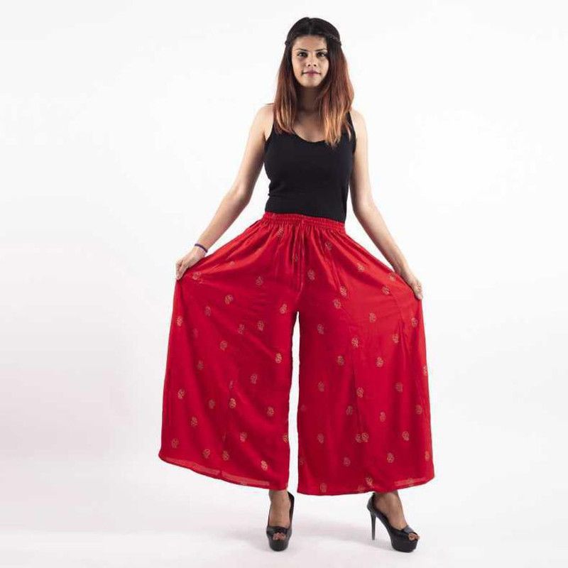 Women Flared, Regular Fit, Relaxed Red Viscose Rayon Trousers