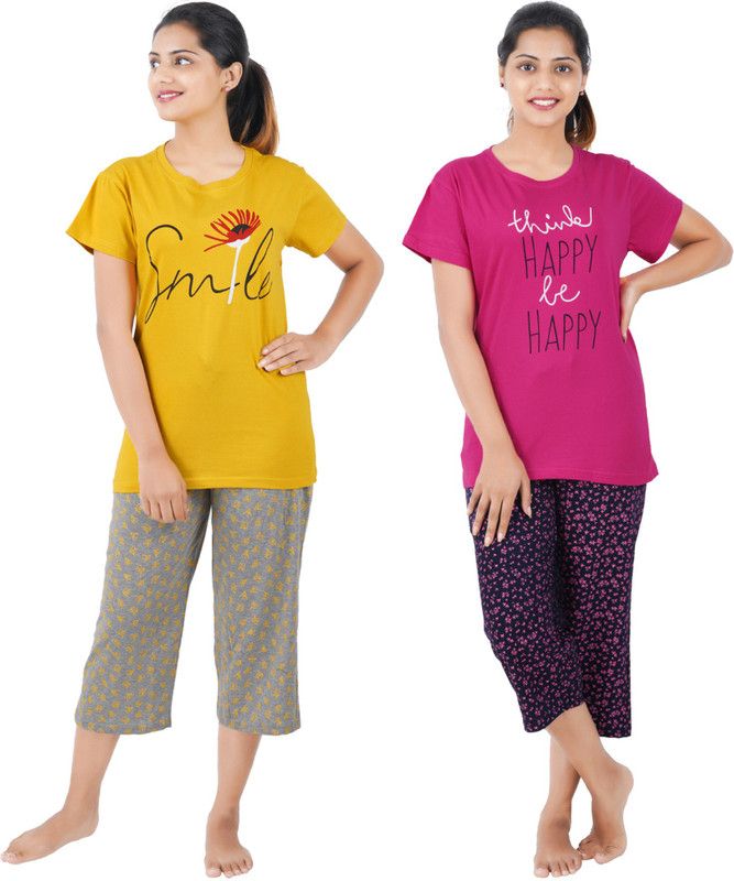 Women Night Suit Set Yellow, Pink Printed