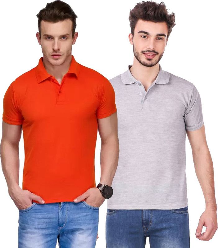 Solid Men Grey, Orange T-Shirt  (Pack of 2)