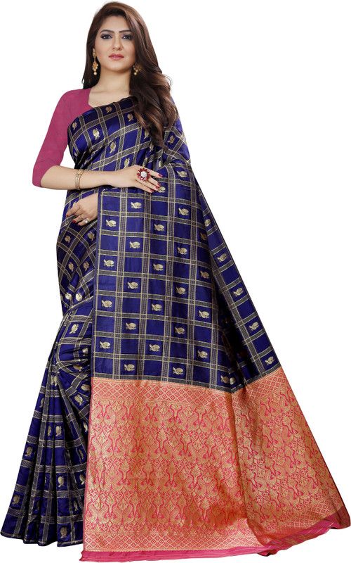Checkered Kanjivaram Jacquard Saree  (Dark Blue)