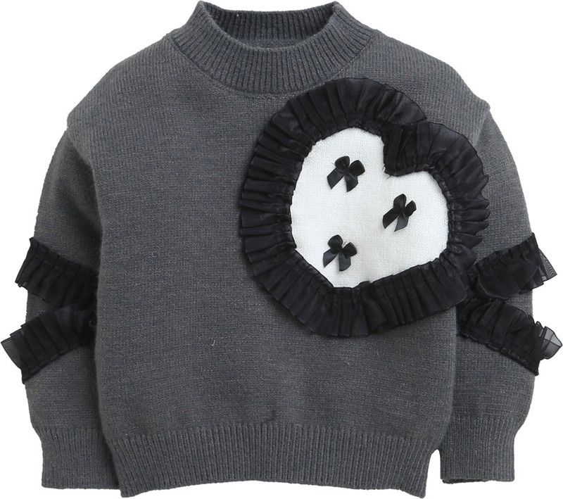 Girls Graphic Print Round Neck Grey Sweater