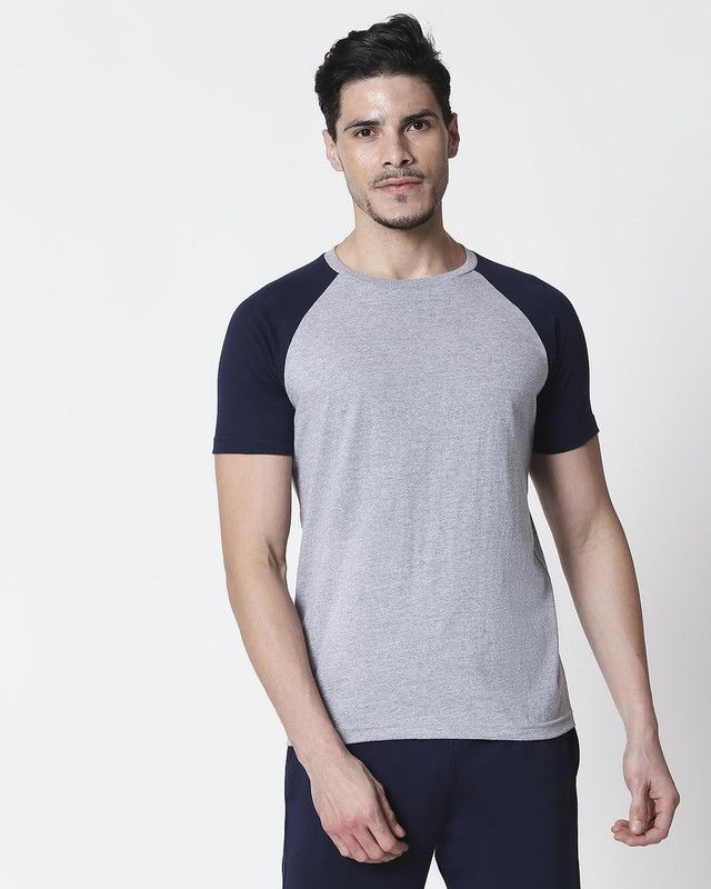 Men Solid Round Neck Pure Cotton Blue, Grey T-Shirt