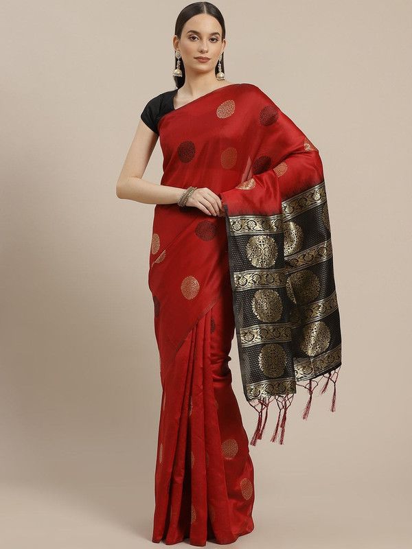 Woven Banarasi Art Silk Saree  (Red, Black)