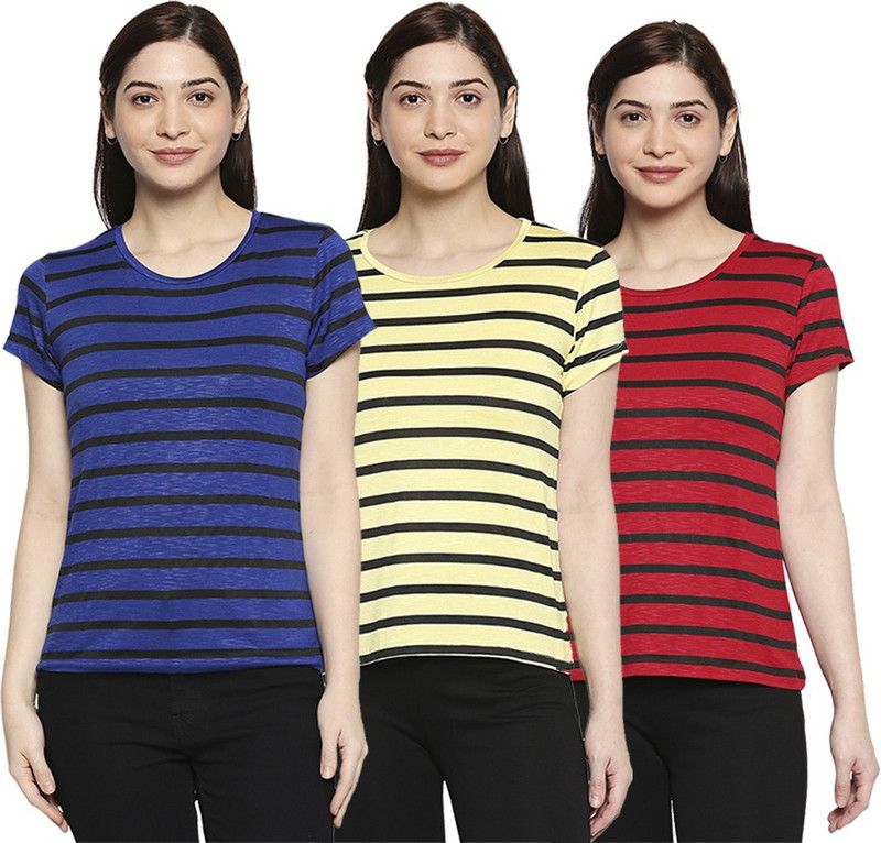 Pack of 3 Women Striped Round Neck Viscose Rayon Blue T-Shirt