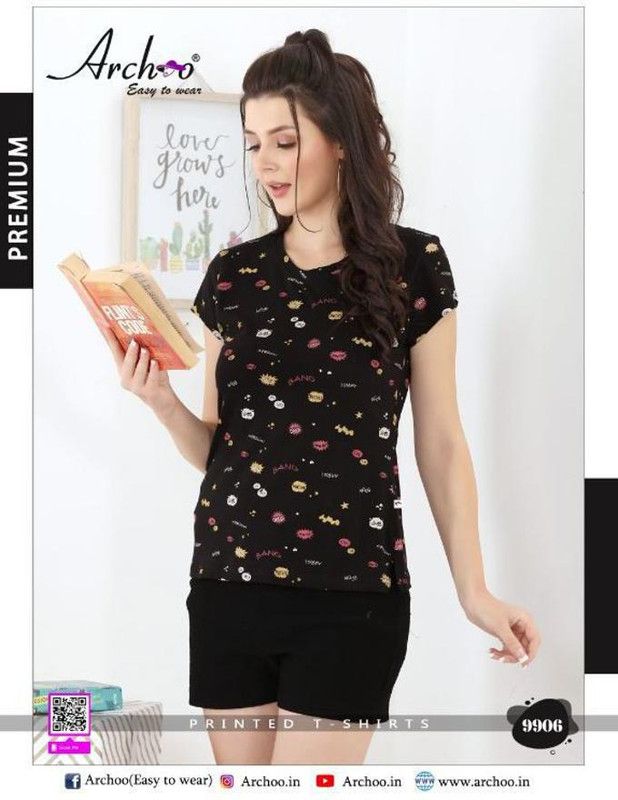 T-Shirt Women Floral Print Round Neck Cotton Blend Black T-Shirt