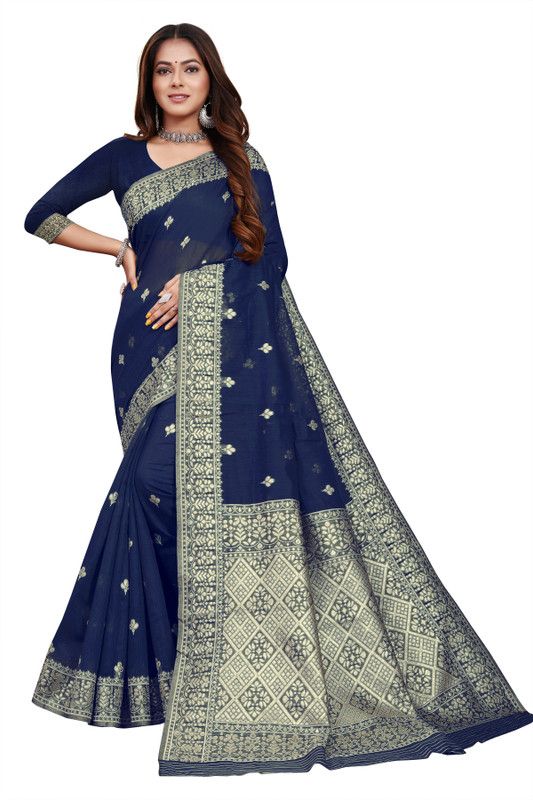 Floral Print Chanderi Jacquard, Chanderi Saree  (Dark Blue)