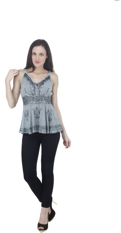 Casual Noodle Straps Printed, Embroidered Women Silver Top