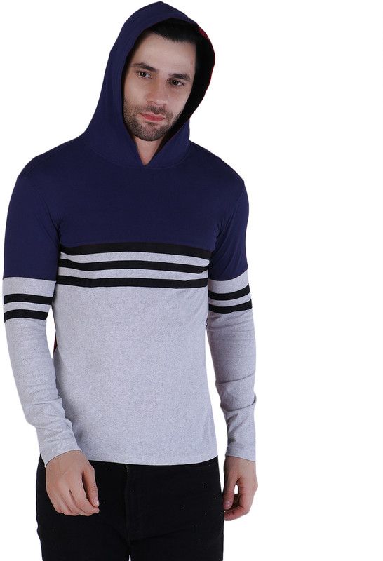 Men Striped Hooded Neck Cotton Blend Grey, Navy Blue T-Shirt
