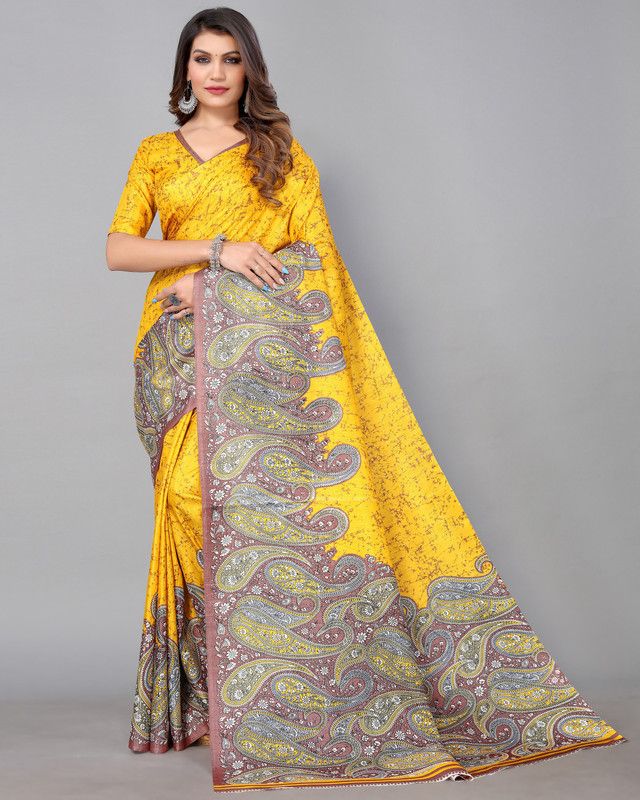 Paisley Mysore Silk Blend Saree  (Yellow)