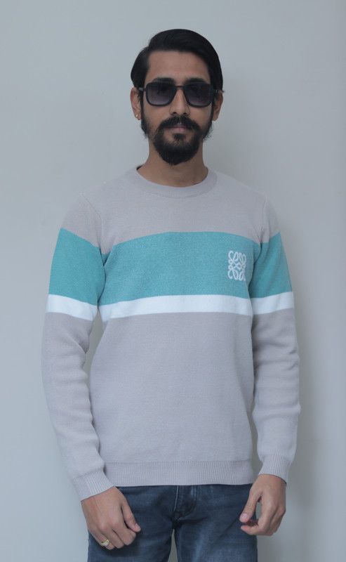 Men Geometric Print Round Neck Blue Sweater