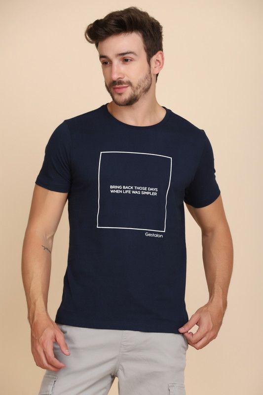T-shirts For Men Men Graphic Print Round Neck Pure Cotton Blue T-Shirt