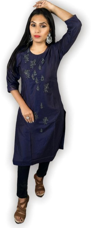Women Solid Art Silk Straight Kurta  (Blue)