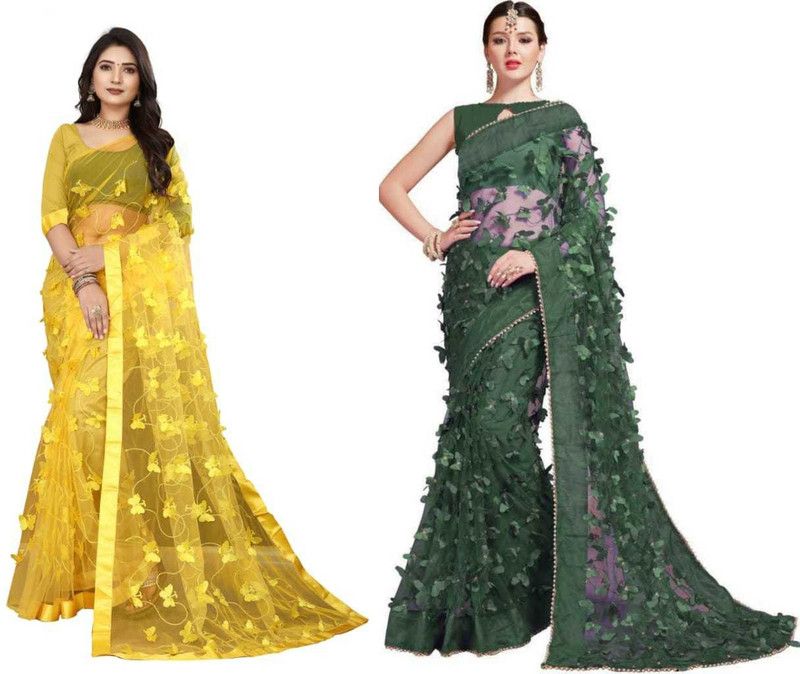 Embroidered, Self Design Bollywood Net Saree  (Pack of 2, Yellow, Green)