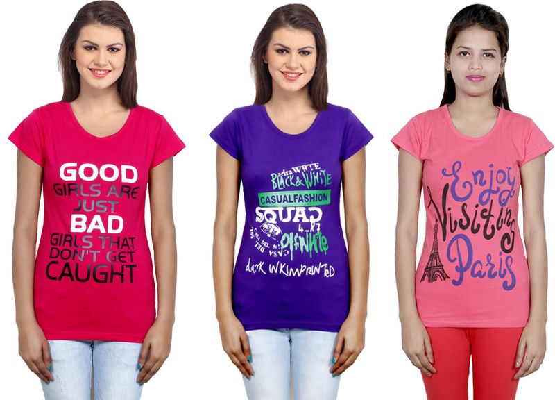 Pack of 3 Women Printed Round Neck Cotton Blend Purple, Pink T-Shirt