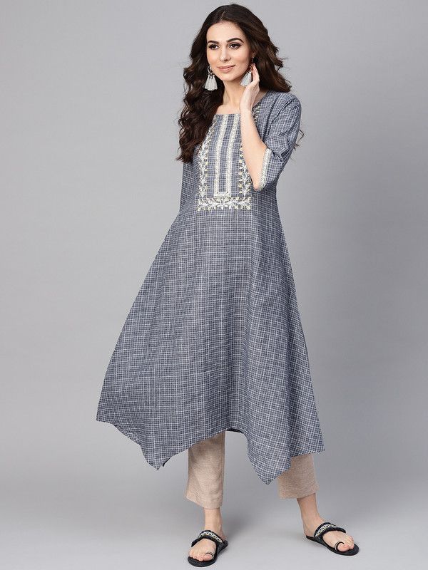 Women Embroidered, Checkered Pure Cotton Asymmetric Kurta  (Grey)