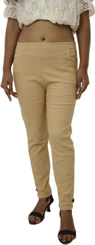 Women Skinny Fit Beige Cotton Blend Trousers