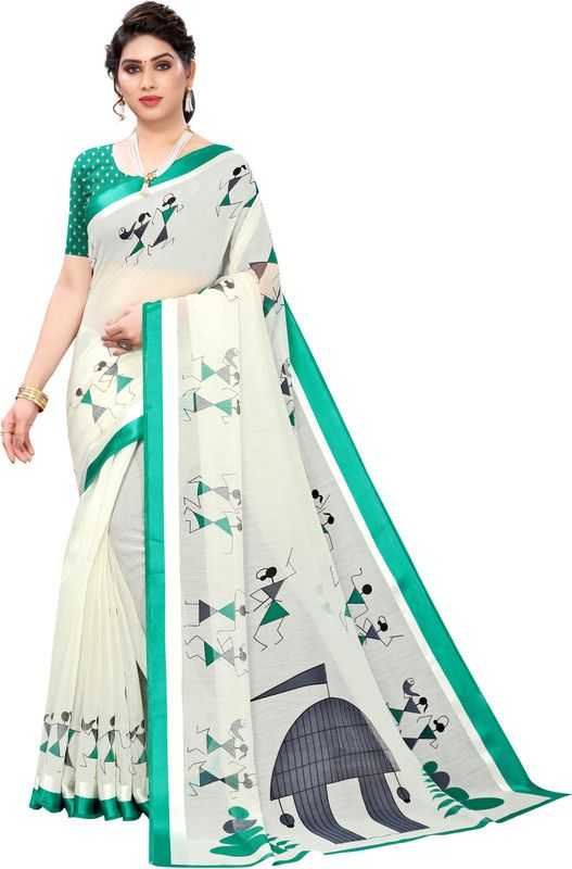 Self Design Bollywood Cotton Linen Saree  (Green, White)