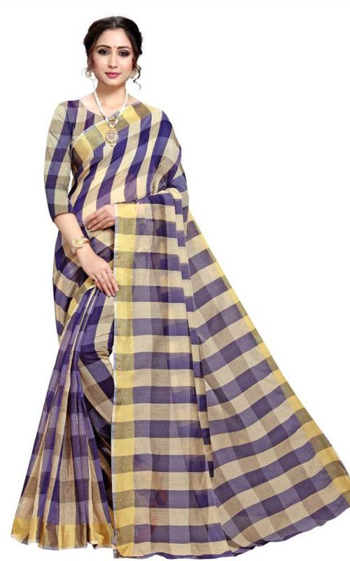 Checkered Daily Wear Silk Blend Saree  (Dark Blue)