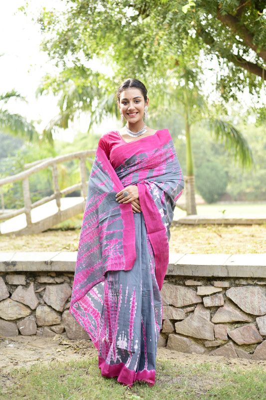 Printed, Self Design Ikkat Pure Cotton Saree  (Grey)