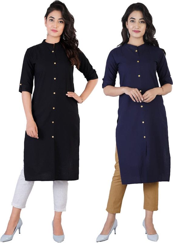 Pack of 2 Women Solid Pure Cotton Frontslit Kurta  (Blue, Black)