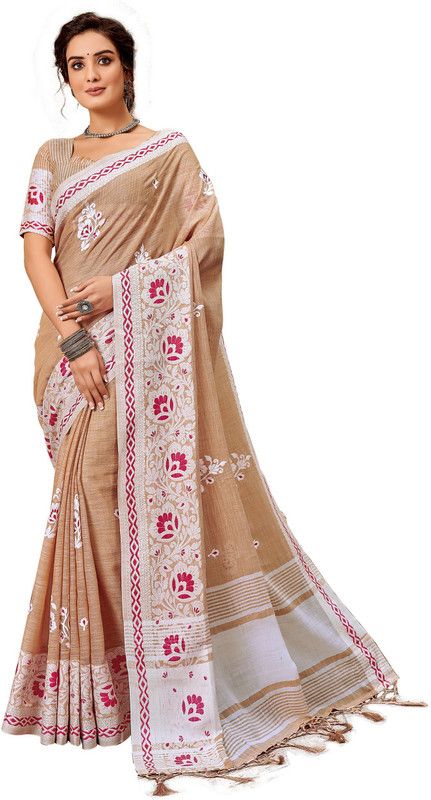 Woven Lucknow Chikankari Cotton Linen Saree  (Beige)