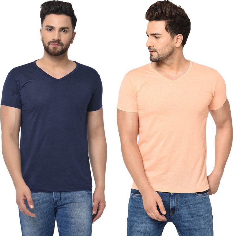 Pack of 2 V-Neck T-Shirt Combo Of 2 Men Solid V Neck Cotton Blend Multicolor T-Shirt
