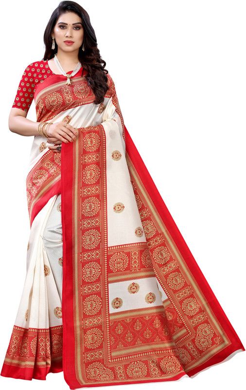 Self Design Kalamkari Art Silk Saree  (Red, White)