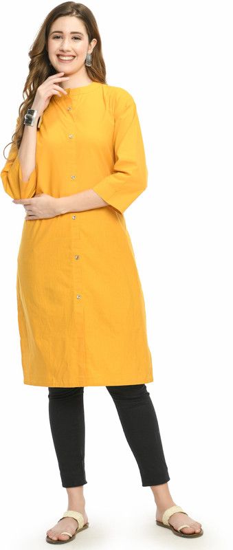 Women Solid Pure Cotton Frontslit Kurta  (Yellow)