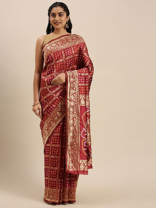 Woven Bandhani Silk Blend Saree  (Maroon)