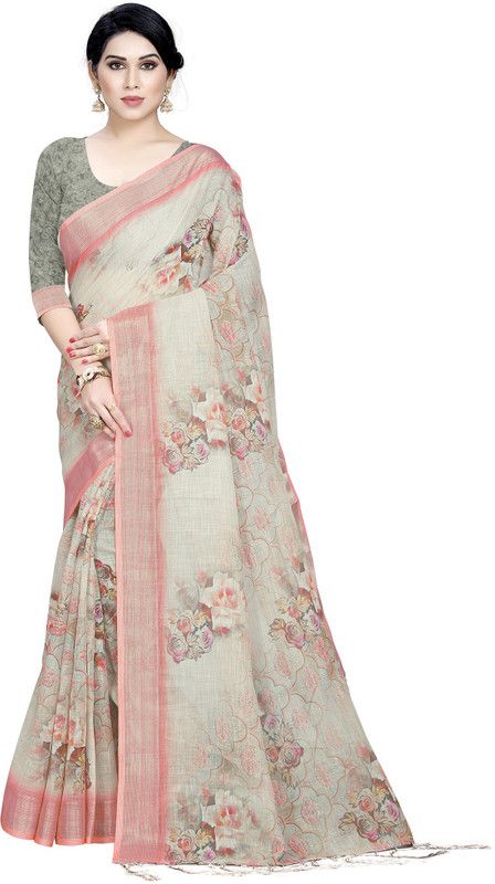 Printed Bollywood Cotton Linen, Cotton Silk Saree  (Beige)