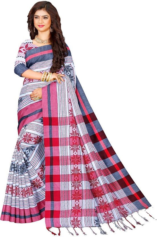 Self Design Handloom Cotton Blend Saree  (White)