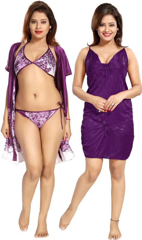 Pack of 4 Women Robe and Lingerie Set  (Purple)