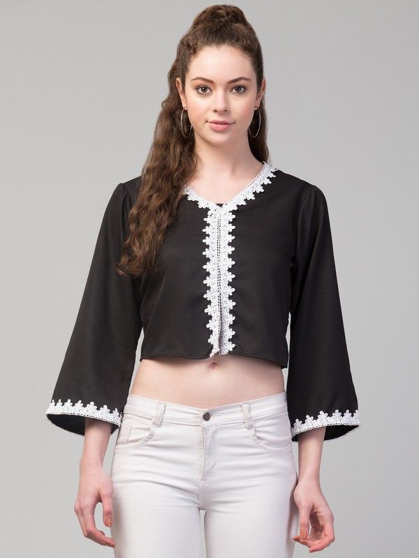 Casual Regular Sleeves Embroidered Women Black Top