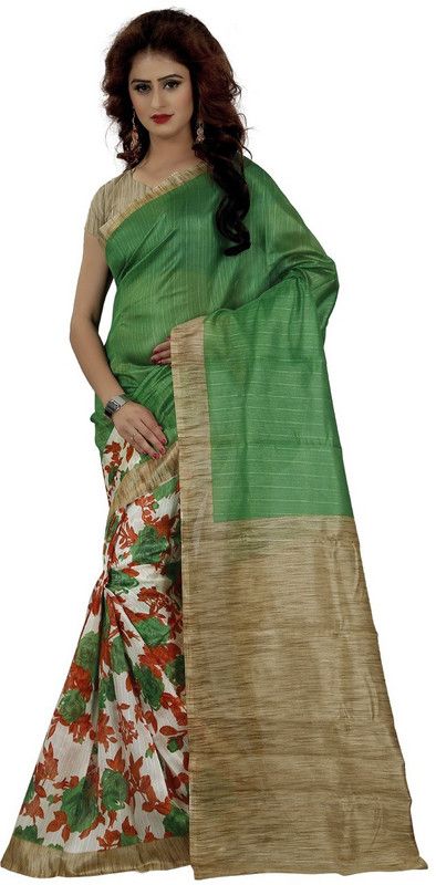 Floral Print Bhagalpuri Cotton Silk Saree  (Green)