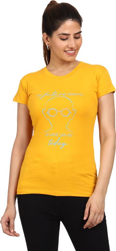 Women Printed Round Neck Cotton Blend Yellow T-Shirt