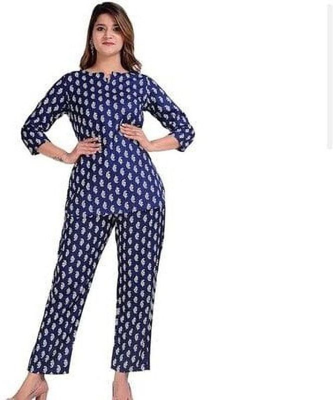 Women Top & Pyjama Set Blue Printed