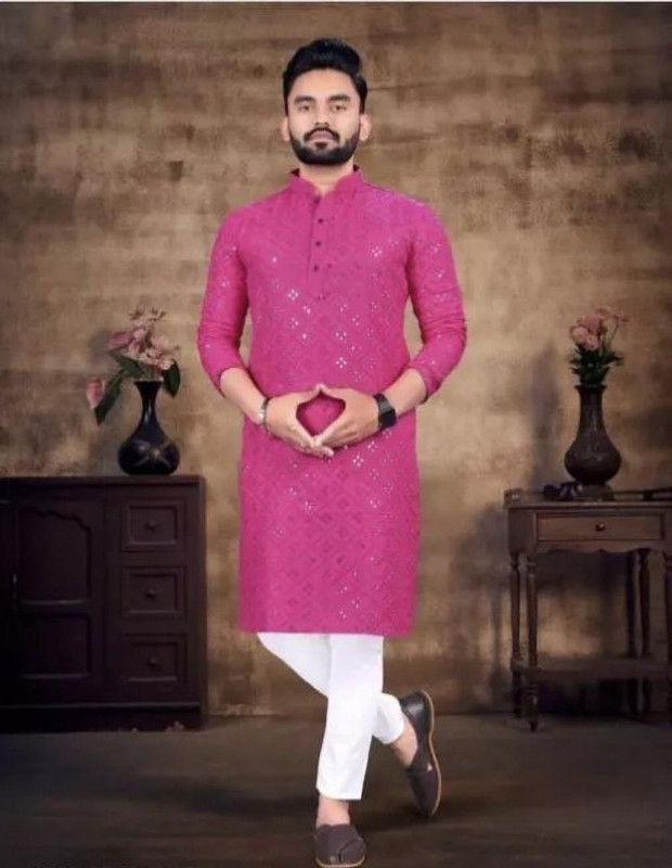 Men Embellished Cotton Blend Straight Kurta  (Pink)