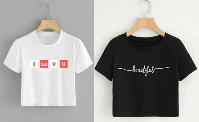 Pack of 2 Women Printed Round Neck Cotton Blend White, Black T-Shirt