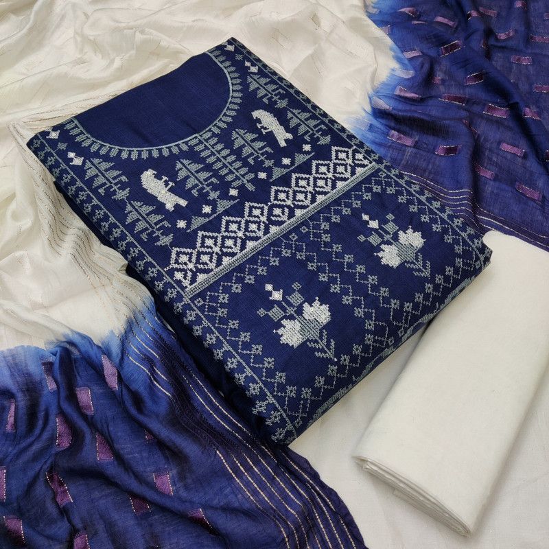 Unstitched Cotton Linen Salwar Suit Material Embroidered